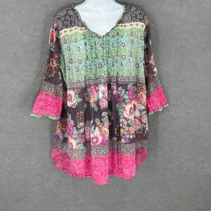 World Market Floral Print 3/4 Sleeve Top Bohemian Sz‎ L Multicolor Lightweight